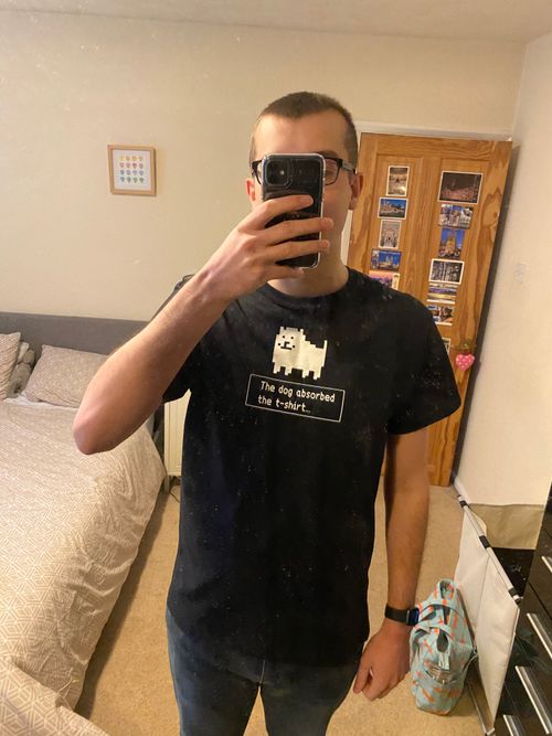 Joe in a black t-shirt with a small pixelated white dog and a goofy smile, in the 8-bit style of Undertale. The t-shirt reads: The dog absorbed the t-shirt. In the background is our bed and a wooden door with postcards stuck to it, from various places we've visited.